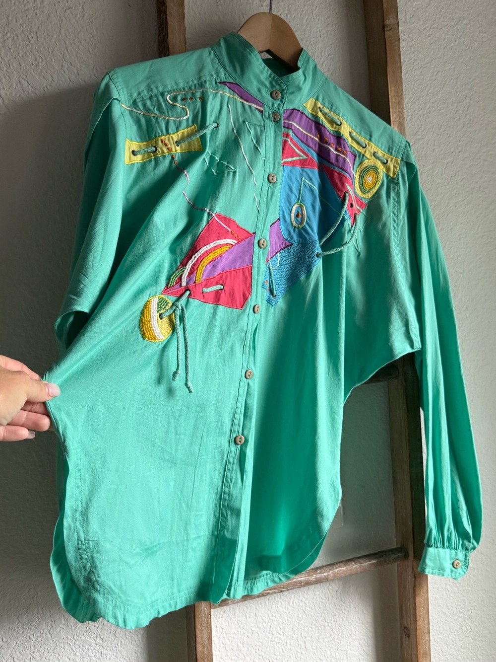Marc D'Alcy Paris Mint Green Art-to-Wear Embellished Blouse Vintage ‘80’s Sz: 8 - Picture 3 of 10